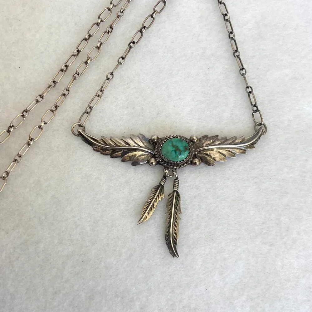 VTG Sterling Silver 925 H. Spencer Navajo Turquoise Leaf Feather Necklace 20.5